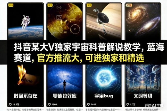 抖音某大V独家宇宙科普解说教学，蓝海赛道，官方推流大，可进独家和精选-聊项目