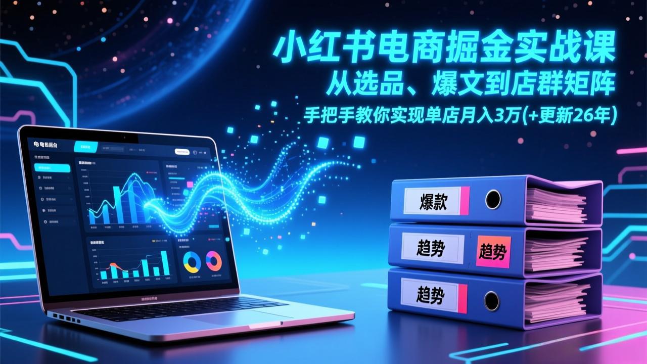 小红书电商掘金实战课，从选品、爆文到店群矩阵，手把手教你实现单店月入3万+(更新26年-聊项目