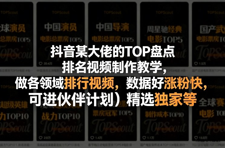 抖音某大佬的TOP盘点排名视频制作,做各领域排行视频,数据好涨粉快,可进伙伴计划+精选独家等