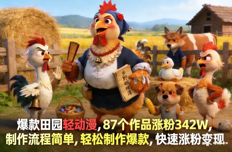 爆款田园轻动漫，87个作品涨粉342W，制作流程简单，轻松制作爆款，快速涨粉变现-聊项目