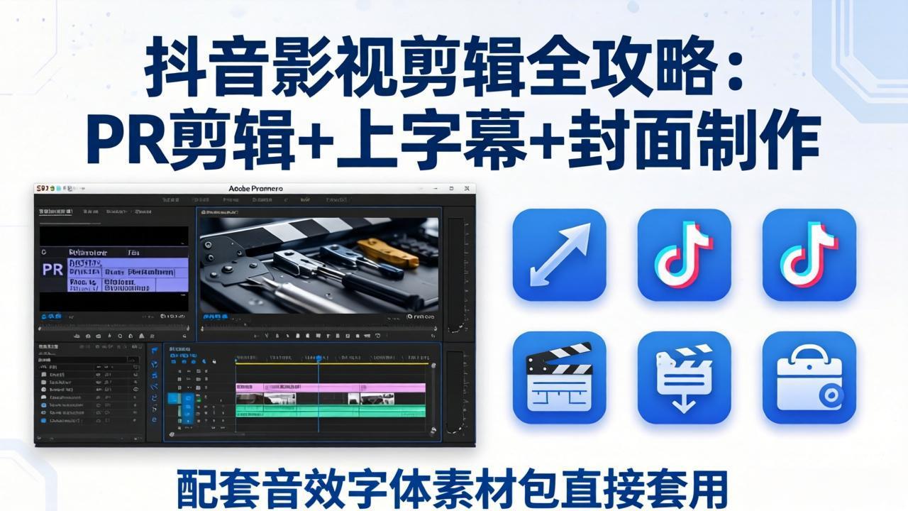 抖音影视剪辑全攻略：PR剪辑+上字幕+封面制作，配套音效字体素材包直接套用-聊项目