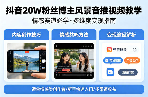 抖音20W粉丝博主风景音推视频教学，情感赛道必学，各种变现途径-聊项目