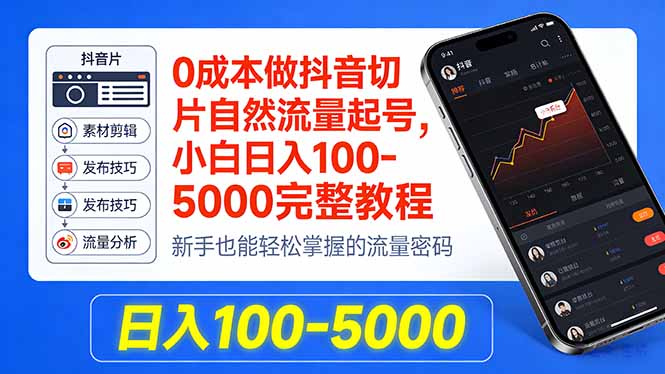 0成本做抖音切片自然流量起号，小白日入100-5000完整教程-聊项目