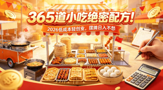 365道小吃绝密配方！2026低成本轻创业，摆摊日入不愁-聊项目