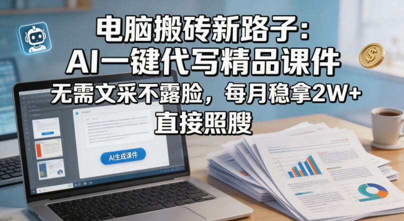 电脑搬砖新路子：AI一键代写精品课件，无需文采不露脸，每月稳拿2W+，直接照搬-聊项目