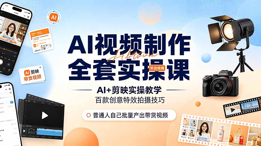 AI视频制作全套实操课，多款AI工具搭配剪映教学，百种特效运镜拍摄实操，抖音账号带货运营全覆盖-聊项目