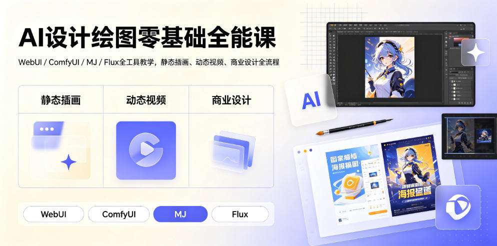 AI设计绘图零基础全能课｜WebUI/ComfyUI/MJ/Flux全工具教学，静态插画、动态视频、商业设计全流程-聊项目