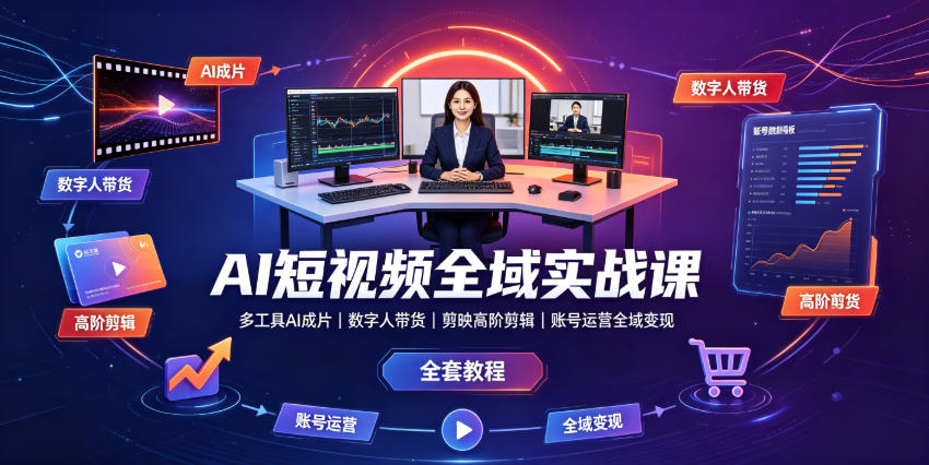 AI短视频全域实战课｜多工具AI成片、数字人带货、剪映高阶剪辑、账号运营全域变现全套教程-聊项目