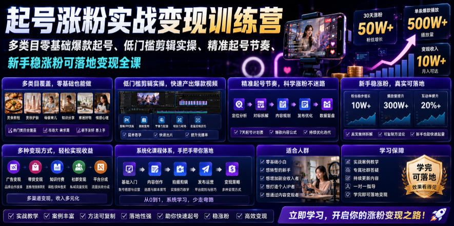 苗子起号涨粉实战变现训练营，多类目零基础爆款起号、精准起号节奏、新手稳涨粉可落地变现全课-聊项目