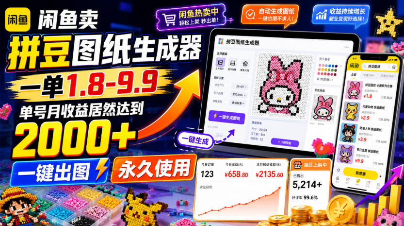 闲鱼卖拼豆图纸生成器，一单1.8-9.9，单号月收益居然达到2000+一键出图永久使用-聊项目