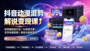 抖音动漫混剪解说变现课:双增量精选打法|AI深度文案|花字封面剪辑| 精选与独家签约日入1000+-聊项目