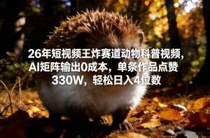 26年短视频王炸赛道动物科普视频，AI矩阵输出0成本，单条作品点赞330W，轻松日入4位数-聊项目